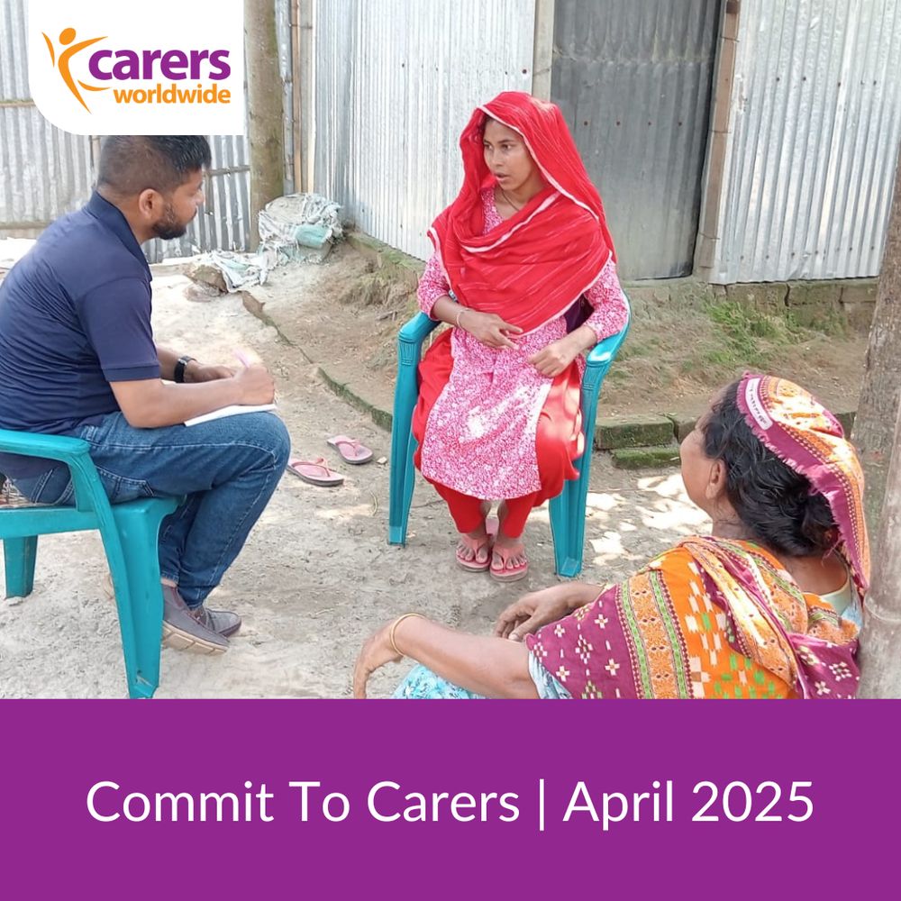 Image of three people sitting outside, talking. Text: "Commit To Carers | April 2025"
