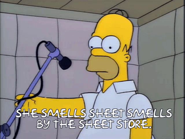 homer simpson singing into a microphone with the words she smells sheet smells by the sheet store