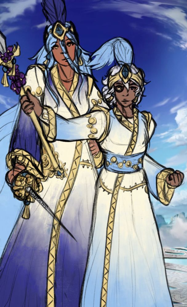 A mock-up drawing of Azura and Niles from Fire Emblem Fates as a duo, placed upon the FE Heroes summoning background. They are wearing complimentary wedding robes of yellow-white, blue, and gold. They are also adorned with feathered crows, blue and gold. Azura stands on the left. One hand is rests upon her hip, the other holds a silver-blue rapier decorated with yellow flowers. Niles stands to the right. He is raising one hand, which holds a gold scepter decorated with purple flowers. Both of them are content, happy and smiling softly.