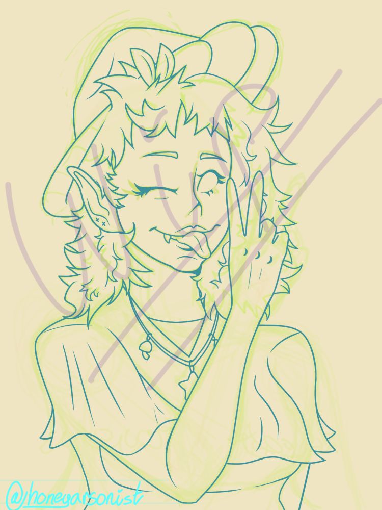 OP's WIP of someone else's OC, it has a faded green sketch with blue lineart. the OC is winking with their tongue sticking out and they are doing a peace sign. 