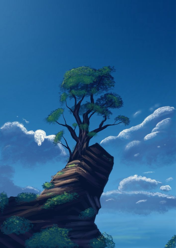 Scraggly tree on a rock with a blue sky and clouds