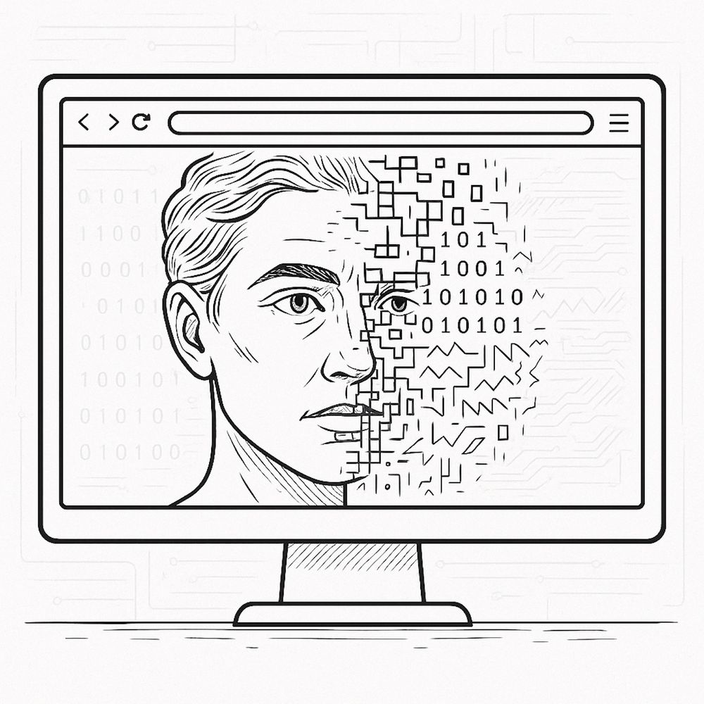 Computer screen with a drawing of a human, whose fact is degrading into the 1s and 0s indicating AI. 