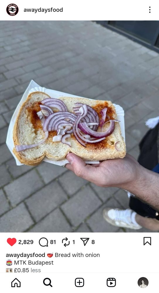 Instagram post from Away Days Food.

Picture of a long slice of white bread with some sliced red onion and some red stuff (ketchup? a red pepper sauce?) on it. 

Caption reads:

awaydaysfood | Bread with onion
MTK Budapest
£0.85