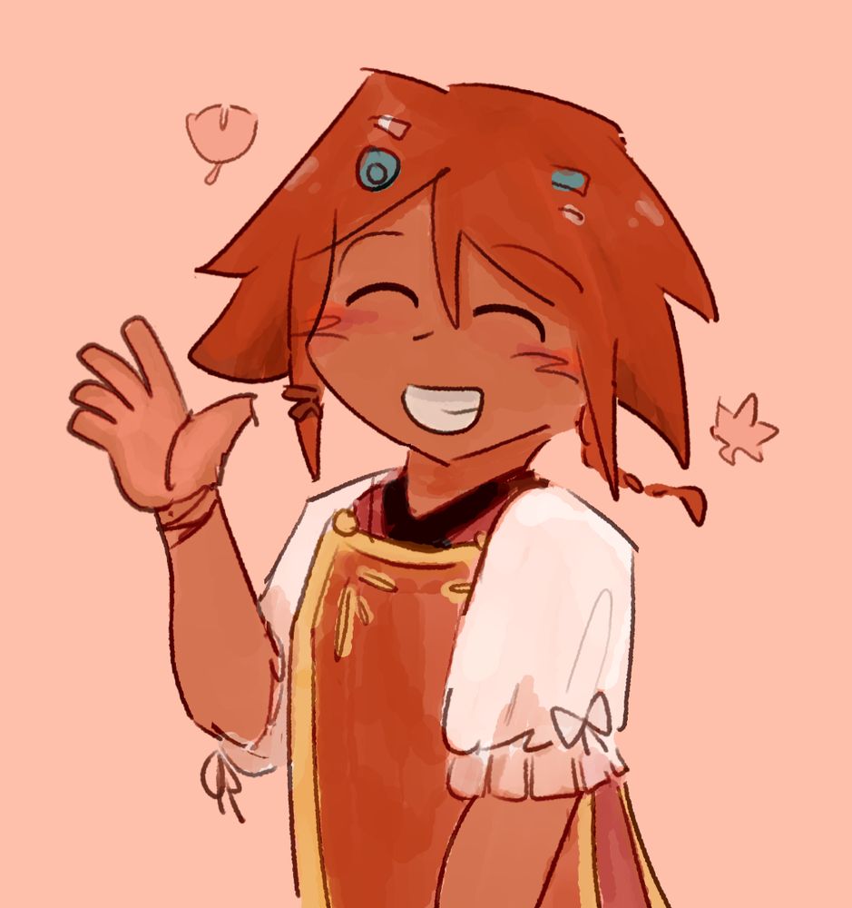 sharline (spiky orange hair with blue-white ornaments and a single braid, white puffy sleeves with yellow-orange smock) grinning widely and waving to someone. in the bg are autumn leaves.