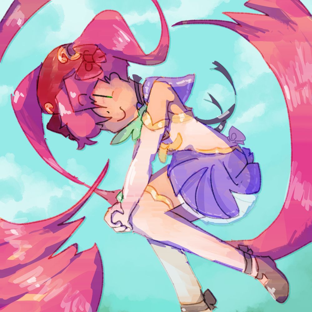 reco from mushihimesama, esp her mushihimesama futari appearance. she has long pink pigtails, a red hat and matching bows, a blue-white sleeveless sailor outfit with long arm gloves and a bow in the back. she has two green decorations on her neck and wrist, plus a black bow choker and matching black shoes. she hugs her knees, smiling widely with one eye obsucred. the bg is a blue cloudy sky.