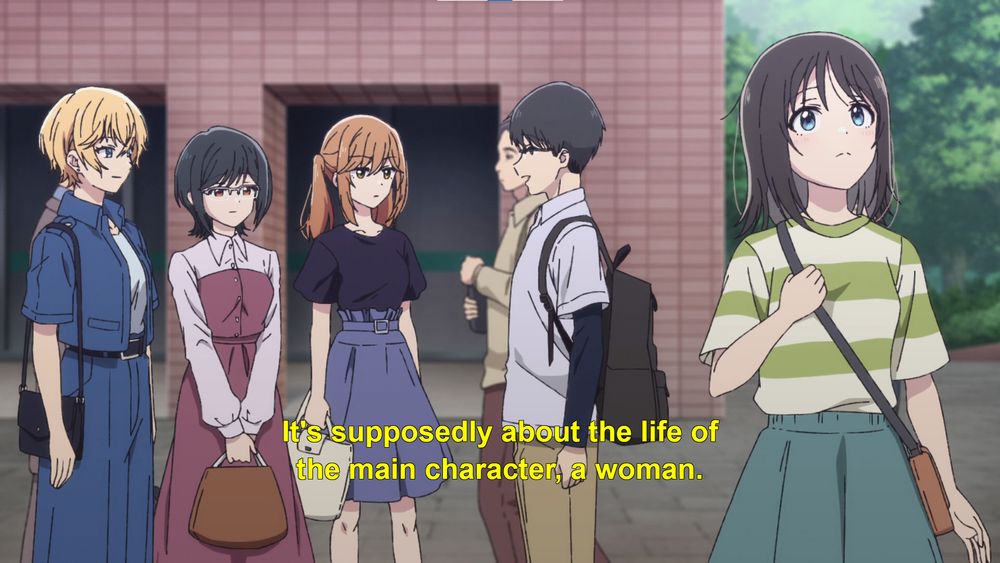 hanashura screencap where the four girls are wearing distinct and characterful casual fits. also there's a boy there wearing somethingorother.