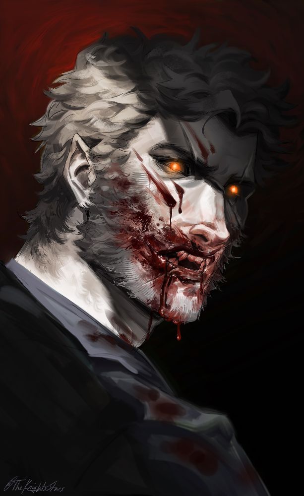 Painting of my OC Sirius as a werewolf with his mouth bloodied and eyes glowing