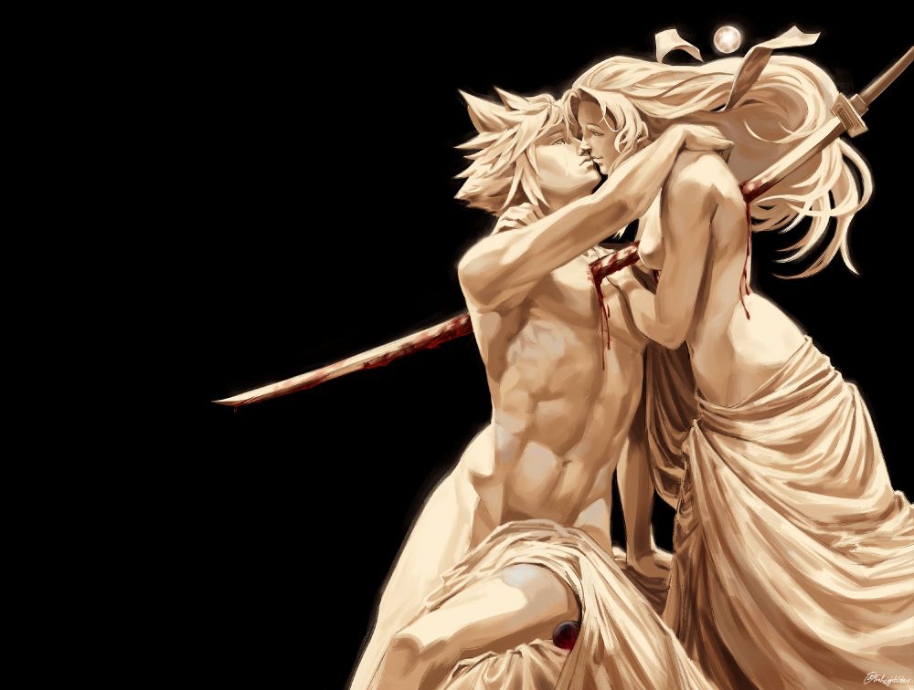 Painting of Cloud and Aerith in a classical pose based off a marble statue. The embrace and hover in a near-kiss. The Masamune pierces them both through and red blood runs over their marble forms. A tear runs down his cheek, she smiles, as her hair comes undone and the white materia falls away from her.