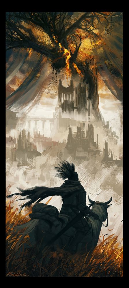 A painting of my tarnished entering the Elden Ring Shadow of the Erdtree dlc starting area, observing the vista before him.