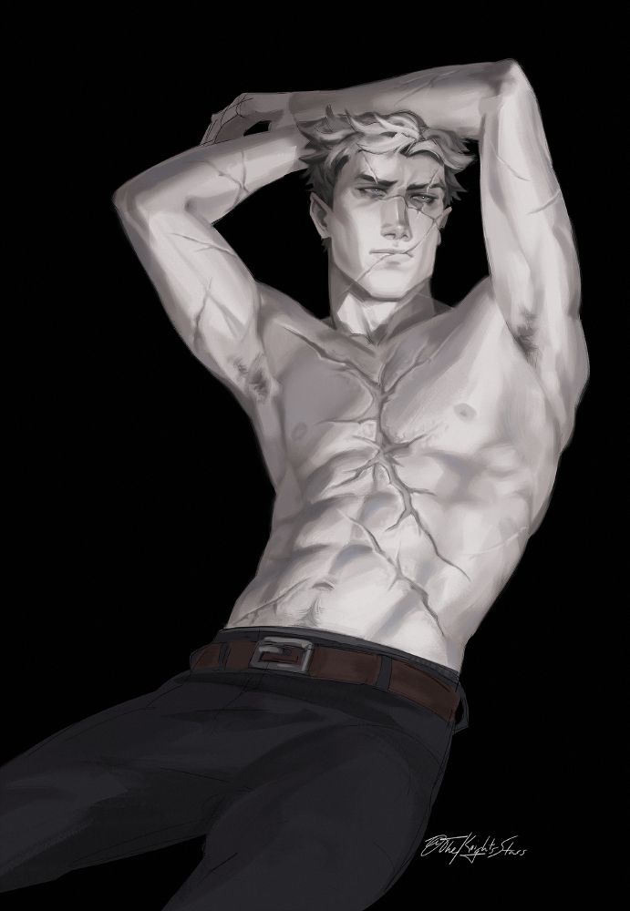 Painting/figure study of my oc Sirius, he's shirtless, his arms are stretched over his head, and he has scars across his chest and arms.