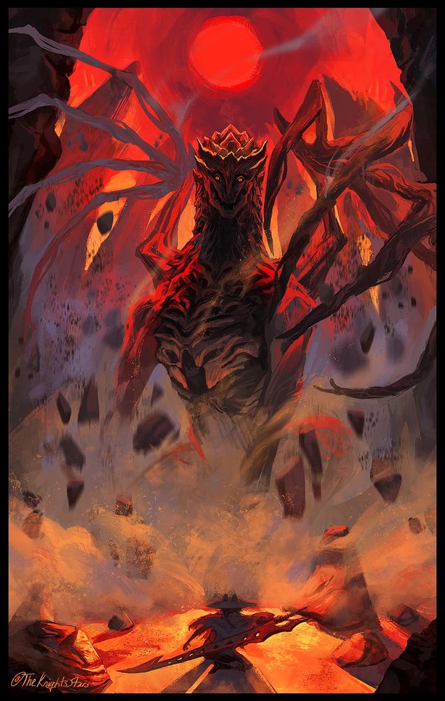 Painting of Shara Ishvalda from Monster Hunter World, haloed by a red sun, it’s unblinking eyes staring down the hunter before it.
