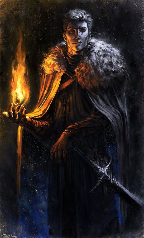 Painting of my OC Sirius holding a soul with his hand on the pommel of his sword