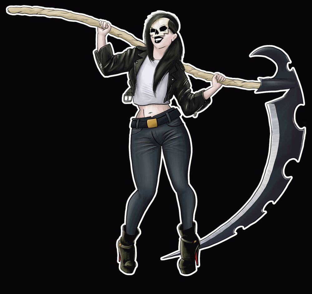 A pinup style illustration of a rock chick girl in a skull mask in jeans, stiletto boots and a cropped biker jacket. She has black hair in with an asymmetric undercut and is wielding a giant fantasy style scythe.