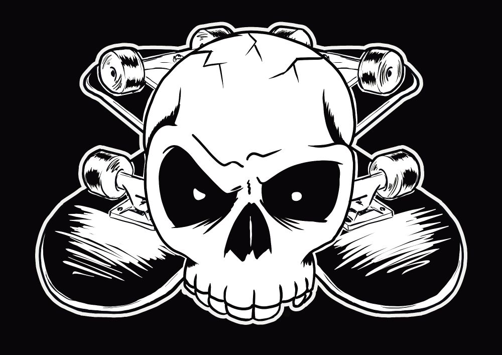 A cartoon skull with 1 raised eyebrow and a missing tooth. Behind it are 2 crossed skateboards, the wheels are pointing up and the decks are scratched.