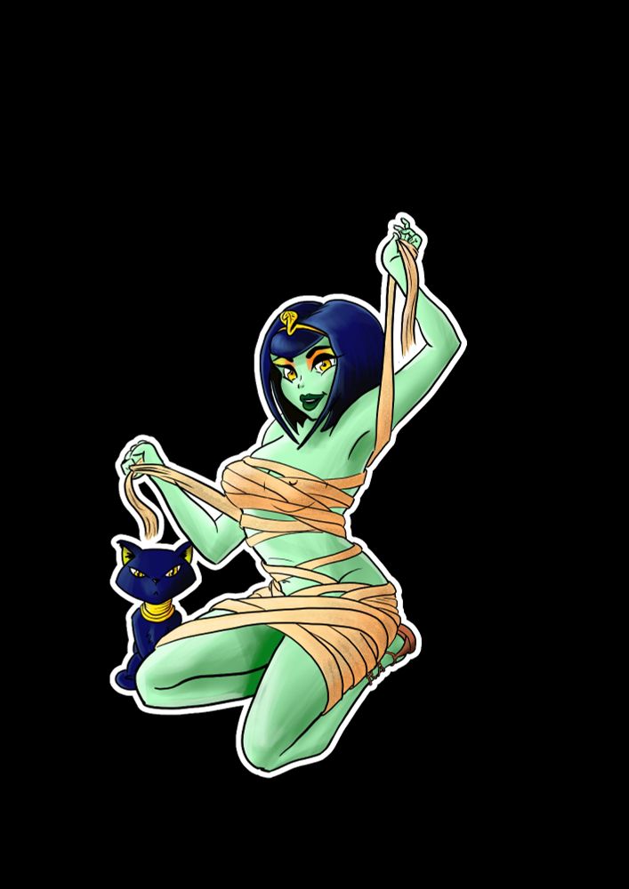 A pinup style illustration of an Egyptian mummy named Cleo. She has a short blue black long bob haircut with a fringe and gold eye makeup. Shes dressed in loose bandages that she appears to be tying up across her chest and similarly loose bandages as a separate miniskirt. she's kneeling down sitting on her heels and wearing flat sandals . Next to her is a dark blue cat in a gold collar.