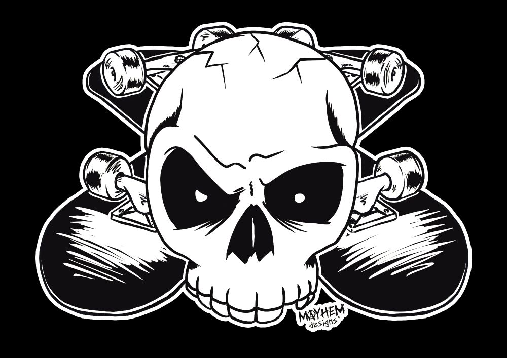 A cartoon skull with 1 raised eyebrow and a missing tooth. Behind it are 2 crossed skateboards, the wheels are pointing up and the decks are scratched. 