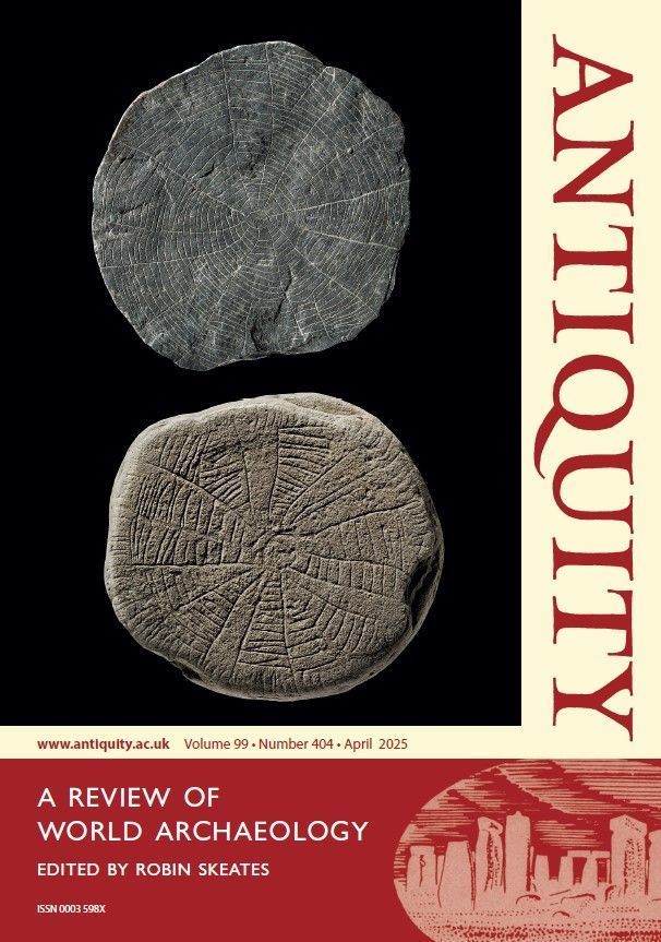 Cover of the April 2025 issue of Antiquity, featuring two plaques (57 × 53mm & 47 × 43mm) with linear motifs found with more than 600 whole and fragmentary engraved stones at Vasagård, on the Danish island of Bornholm. Th e fi nds are regarded as Neolithic miniature artworks and termed ‘sun stones’ in reference to the rayed images. It is also suggested that the engraved stones were ritually deposited at Vasagård to secure the
fertility and growth of crops. For more information, see ‘Sun stones and the darkened sun: Neolithic miniature art from the island of Bornholm, Denmark’ by Rune Iversen et al. in this issue. Photographs by John Lee, The National Museum of Denmark. 
