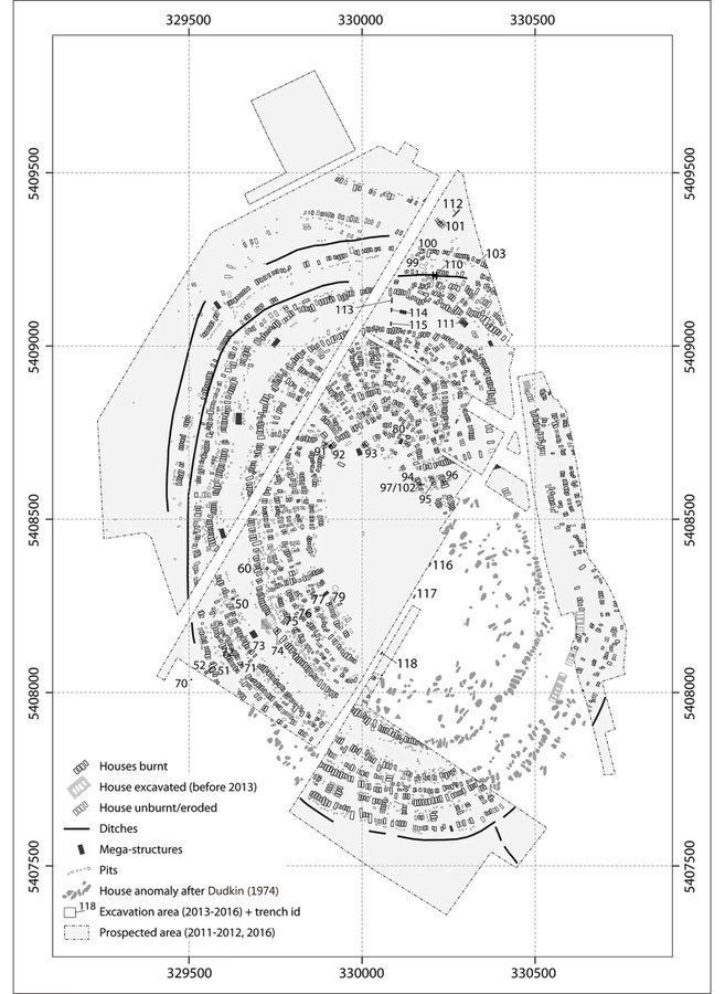 Plan of the settlement layout at Maidanetske, indicating houses and ditches organised in concentric circles. 