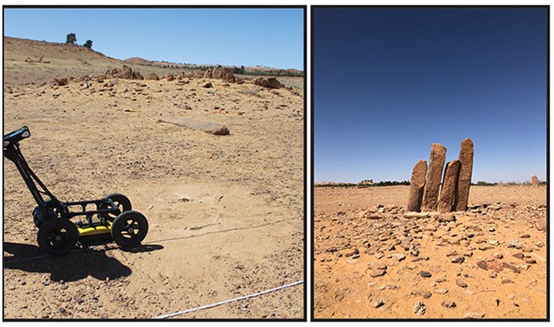 Left: ground penetrating radar cart in a desert next to several standing stones. Right: four stone pillars sticking out of the ground in a desert.