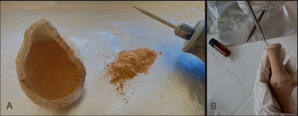 Small ceramic bottles being sampled for residue with a Dremel rotary tool (A) and a dental tool (B).