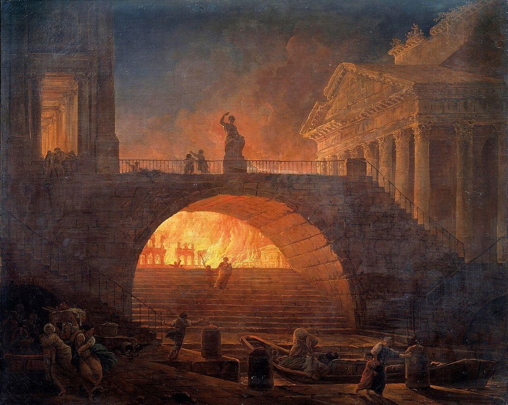 'Fire in Rome' by Hubert Robert (1785). The painting depicting the centre of 1st -century-AD Rome. Past the Pantheon, a fire consumes the Colosseum. Public Domain.
