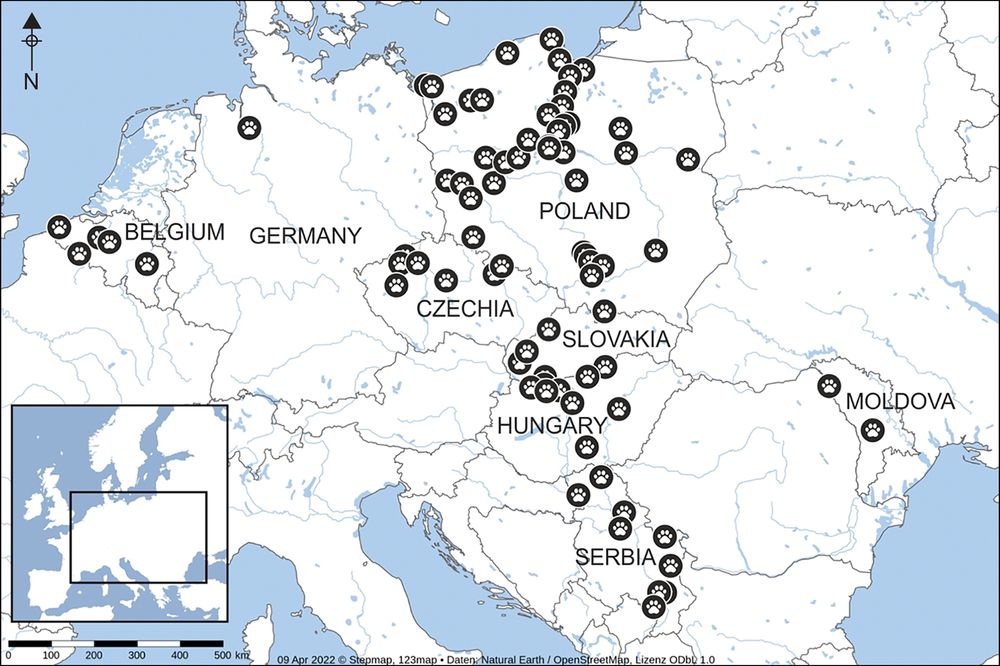 Map of Central Europe, annotated with pawprints that denote the locations of archaeological and palaeontological sites where cat remains have been found.