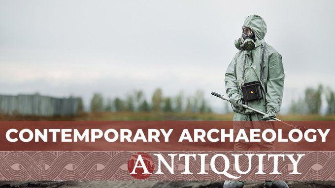 A scientist wearing a radiation protection suit with the text 'Contemporary archaeology and theory: Antiquity'.