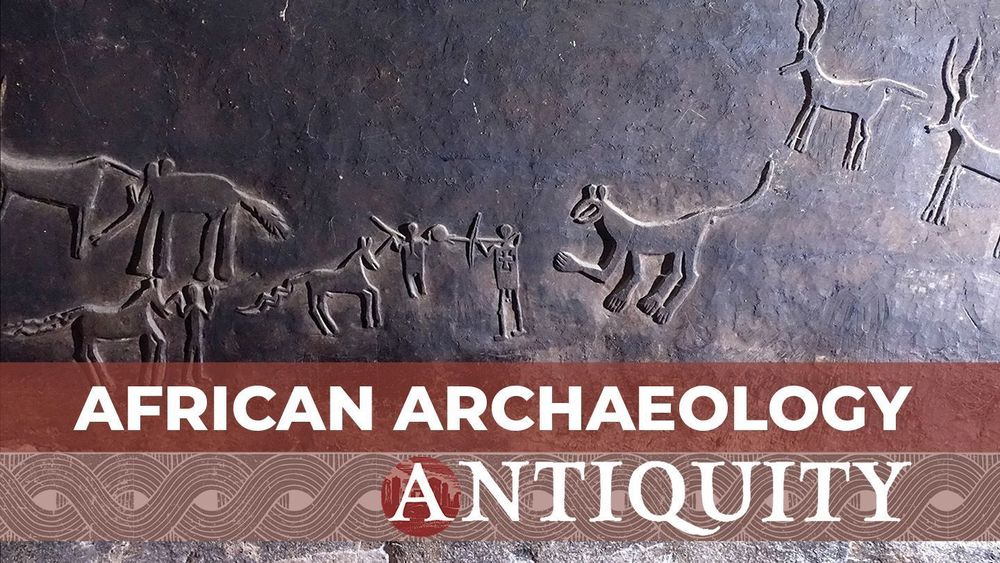 Rock art relief depicting humans hunting animals such as elephants, with the text 'African Archaeology, Antiquity' overlaid.