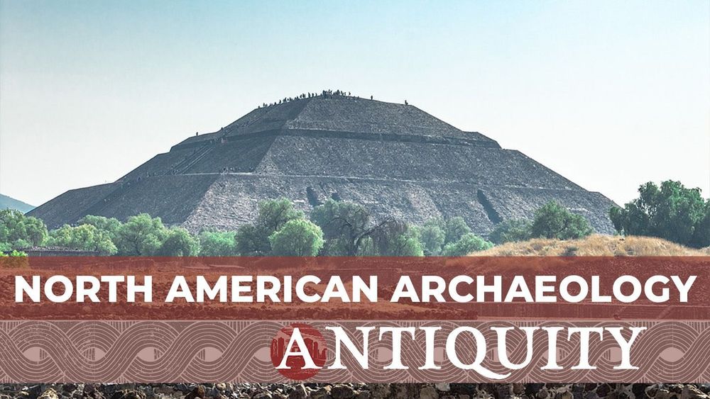 A Mesoamerican pyramid with text overlaid that reads 'North American Archaeology: Antiquity'. 