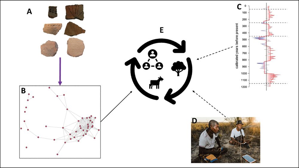 Map showing how archaeological evidence (A), network analyses (B), palaeoclimatic data (C) and ethnohistoric sources (D) are combined to generate predictions and outputs about human responses to socio-political and climatic change through time (E). 