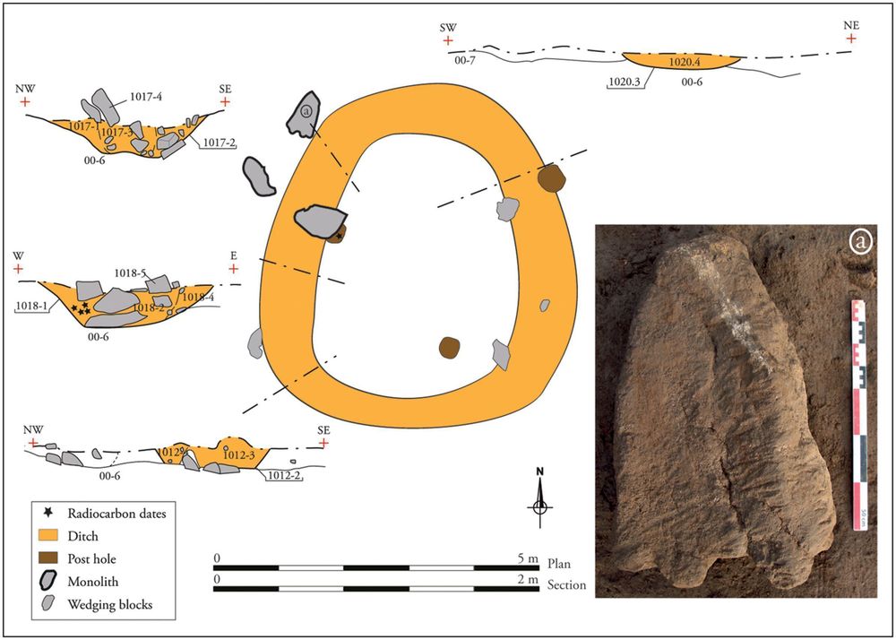 Diagrams indicating stratigraphic sections and a plan of the Mesolithic remains, depicting a circular ditch with several monoliths, postholes and stone wedging blocks. A photograph of one of the monoliths (a triangular stone with a wide, flat base and two tenons) is inset. 