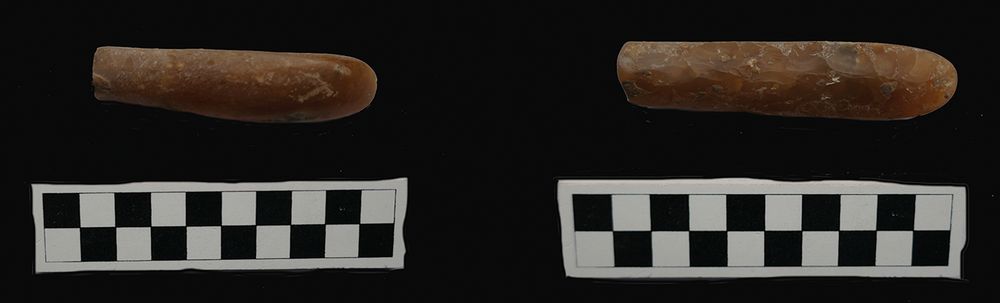 ‘Banana-shaped’, polished chert biface showing polished (left) and unpolished (right) sides. 