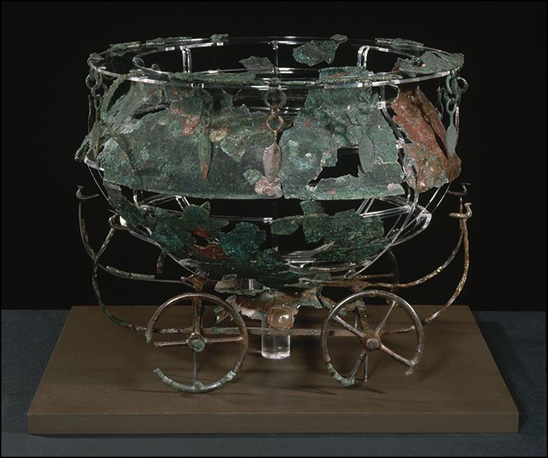 Bronze cauldron on wheels. From Bronze Age Skallerup, Denmark.