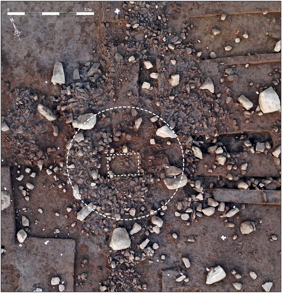 Aerial view of an excavated area containing several large stones. Dotted lines annotate a circle containing a rectangle. The circle designates a small, circular mound, whilst the rectangle a quadrangular dry-stone cist under the mound. 