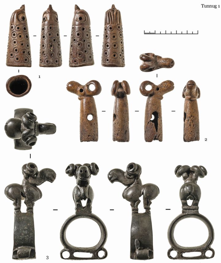 Bronze and bone objects incorporating animal-style ovicaprid (sheep & goat) motifs.