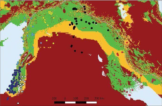 Map of Southwest Asia, showing sites from which zooarchaeological samples were taken in relation to the land's suitability for farming. Green=good land for agriculture, yellow=moderate land for marginal agriculture and pastoralism, red=poor land for marginal pastoralism.