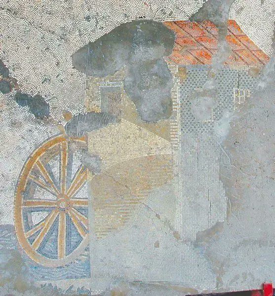 Mosaic depicting a mill building on a river with a water wheel. 