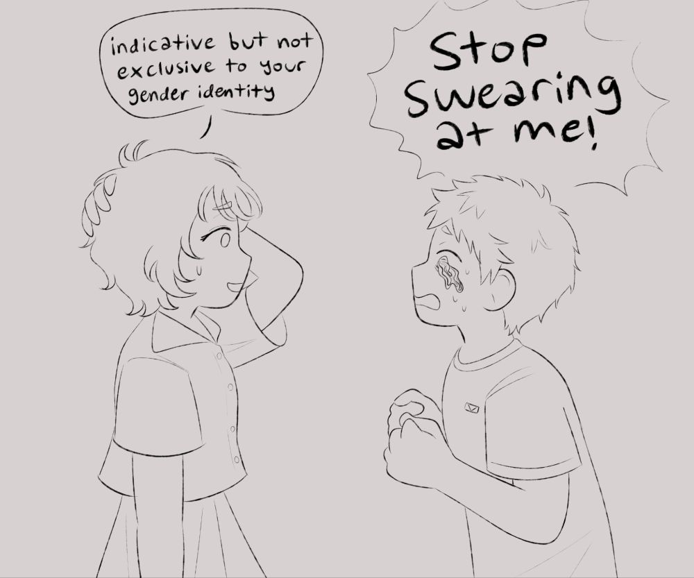 asako scratches the back of her head says "indicative but not exclusive to your gender identity" "hikaru" balls his fists and yells "stop swearing at me!"