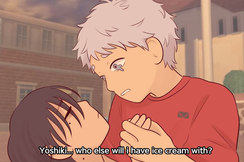 shion death scene in kingdom hearts but its yoshiki and hikaru. hikaru is looking at yoshiki and saying "who else will i have ice cream with?"

myart