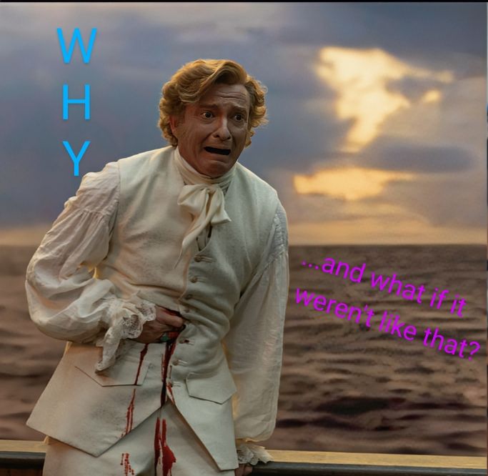 Text reads "why" and "...and what if it weren't like that?" a man wearing white is holding a bleeding wound on his stomach and has a distressed look on his face. The sea and a cloudy sky are in the background 