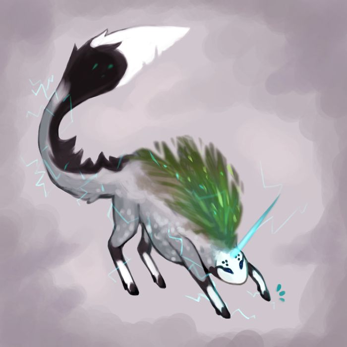 The esk Vetru prepares to charge forward, but are they petulant or playful? They fluff out the grass on their back and raise their bushy tail high, stamping a hoof as threads of electricity crackle around them.