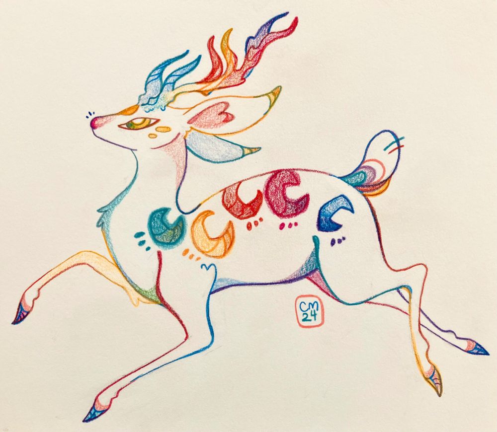 A stylized drawing of a delicate stag in colored pencil. The deer is awash in multiple colors, with crescent moon-like symbols across its body in rainbow hues. It’s in the motion of prancing daintily.