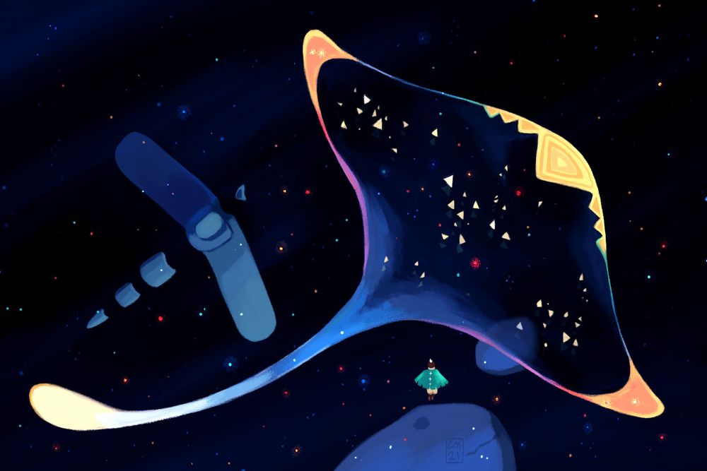 Digital drawing of a scene from Sky: Children of the Light. A celestial manta glides through the blue expanse of the Vault of Knowledge, mirroring the fragmented whale-like bones floating below. A sky kid wearing a teal cape hovers in the foreground, looking out at the view. They're tiny compared to their surroundings. Multicolored lights glow in the serene darkness all around them like little stars.