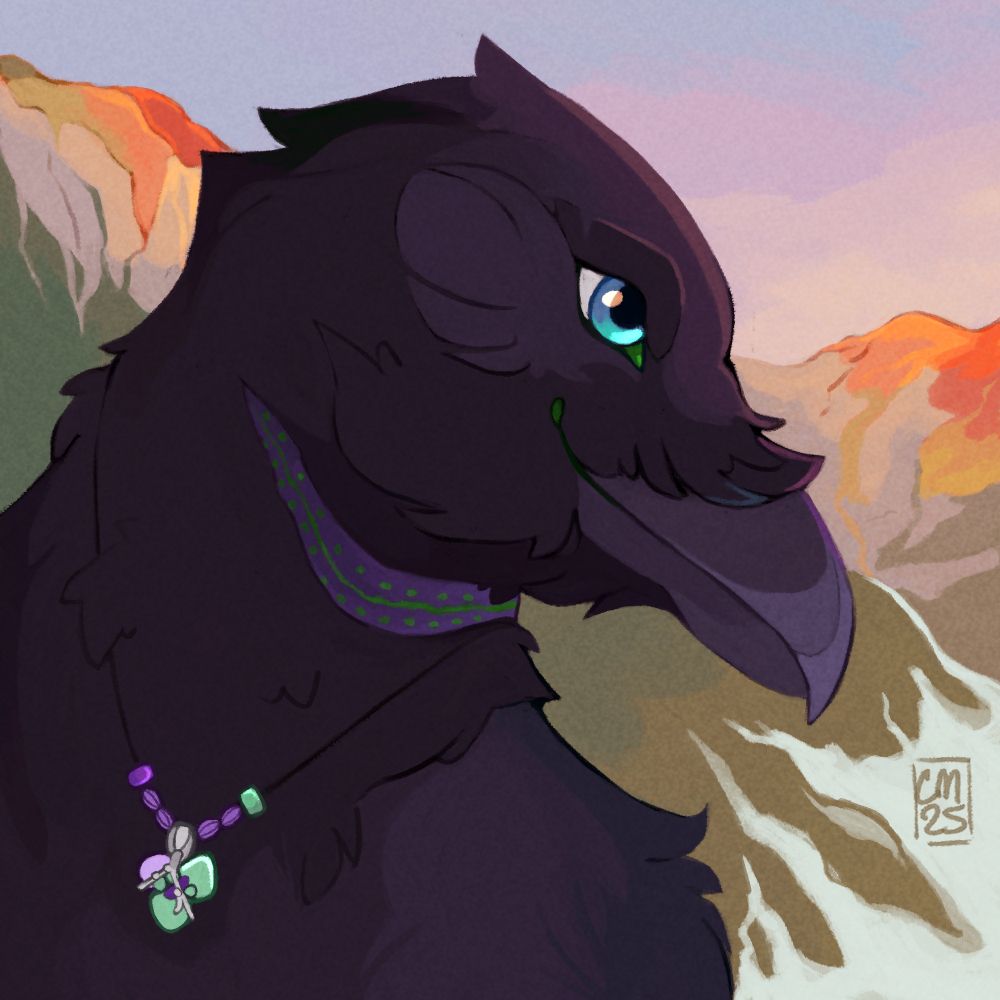 Bust drawing of an anthro raven against a backdrop of mountains in autumn colors and greenery turning to snow, faintly illuminated by the glow of daybreak.