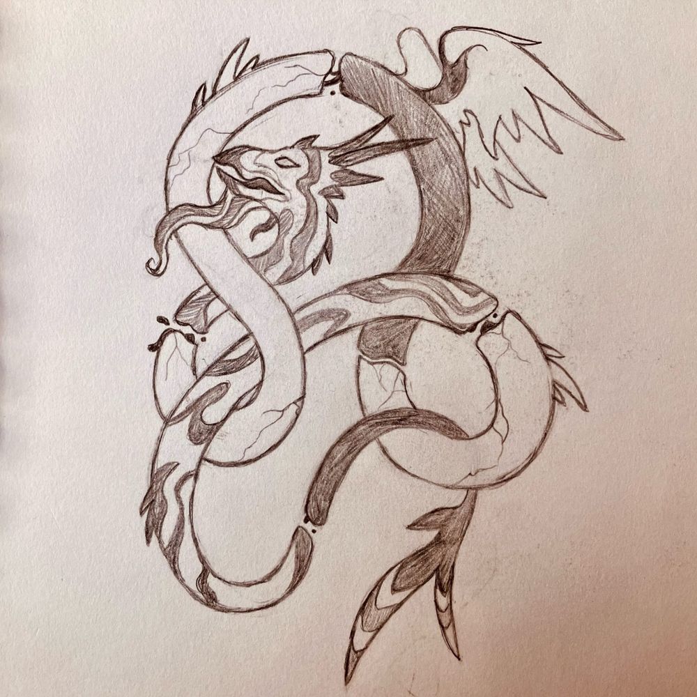 Pencil sketch of a serpentine dragon with a spiky head, feathery wings, and a cracked-apart body.