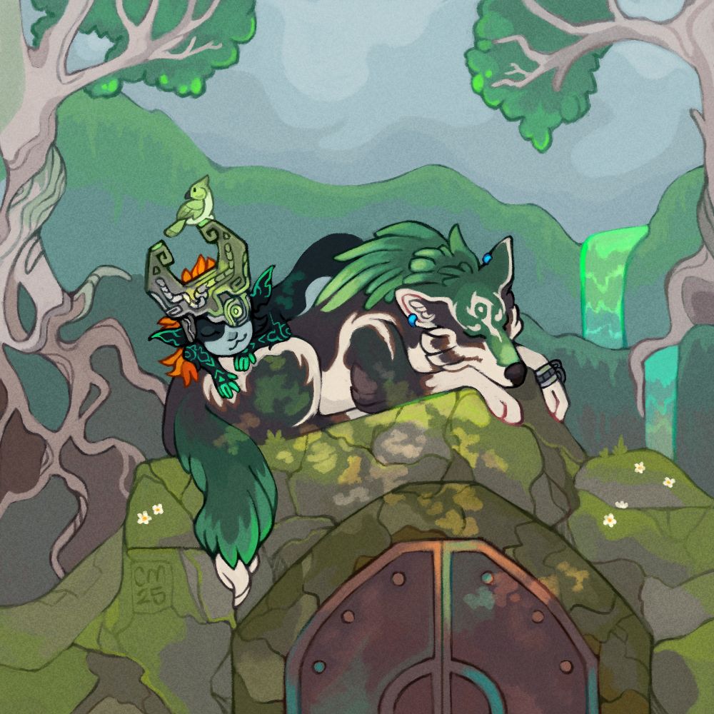 Art featuring Link and Midna from The Legend of Zelda: Twilight Princess. Link, in his wolf form, rests atop the moss-covered ruins of the Door of Time. Midna, in her imp form, is lying across his back and similarly dozing off in the dappled sunlight. A little green bird perches on her helm, but she pays it no mind. The Sacred Grove surrounds them with trees, greenery, and two small waterfalls.