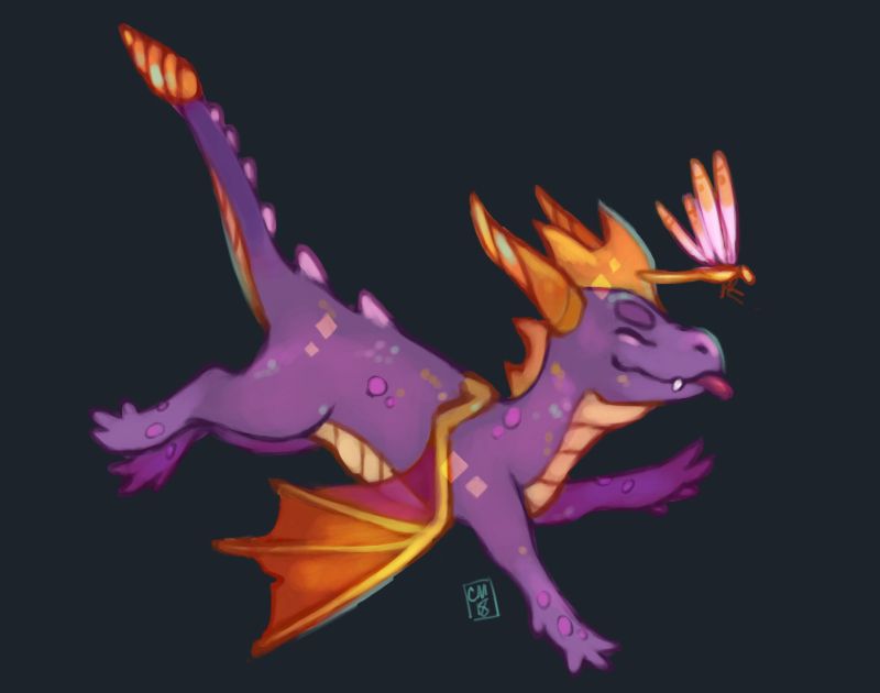 Art of Spyro the dragon gliding downward through the air, forelegs stretched out to land. He's grinning impishly with his eyes closed and tongue sticking out. Sparx flies just ahead of him.