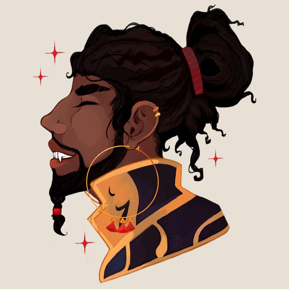 Bust drawing of Wrathion in his visage form. He grins joyfully with his eyes closed. His long hair is up in a loose bun and he wears large golden hoop earrings with fanciful red tassels, along with several other red and gold accessories. A few crimson sparkles surround him.