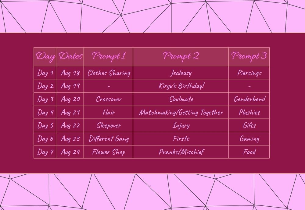 Day 1- Aug 18
Clothes Sharing
Jealousy
Piercings

Day 2- Aug 19
Kiryu's Birthday!

Day 3- Aug 20
Crossover
Soulmate
Genderbend

Day 4- Aug 21
Hair
Matchmaking/Getting Together
Plushies

Day 5- Aug 22
Sleepover
Injury
Gifts

Day 6- Aug 23
Different Gang
Firsts
Gaming

Day 7- Aug 24
Flower Shop
Pranks/Mischief
Food
