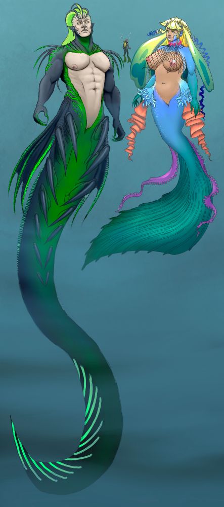 Tor, left, Lifandwyn, right, little diver man, center. 

Tor is a mermaid with features mimicking various deep sea creatures. His lower half bares pincer like protrusions. There are several parts of his body that glow with green/yellow bioluminescence.

Lifandwyn a colorful mermaid with several trailing fins similar to a jellyfish tendril. She has fashioned a large fishing net into an accessory over her chest. (It covers nothing)

Diver man is an average height human male wearing standard scuba gear. He is never going to be able to explain what he's seen to his mates. (If he survives).